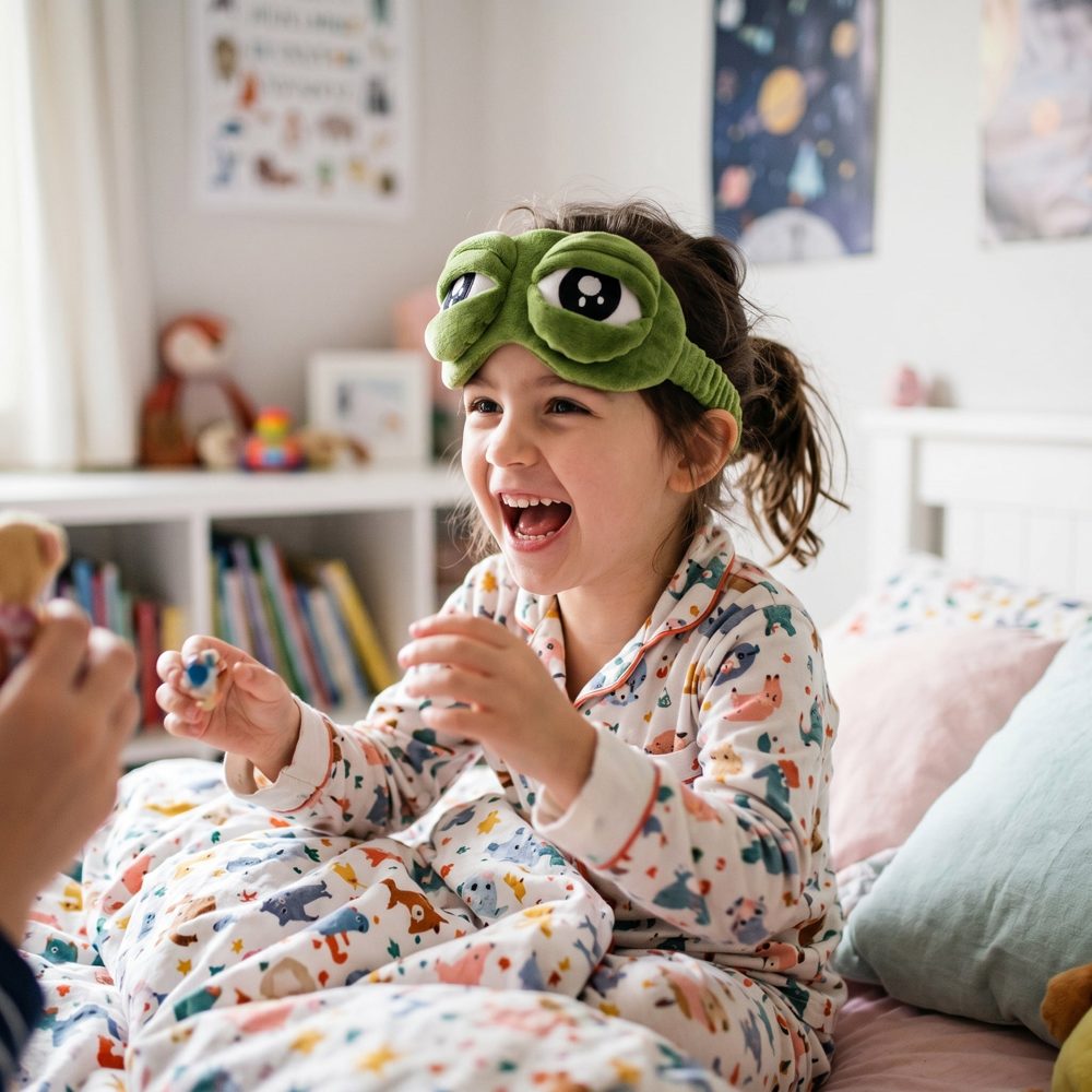 Child laughing in a Snugsy Frog Mask