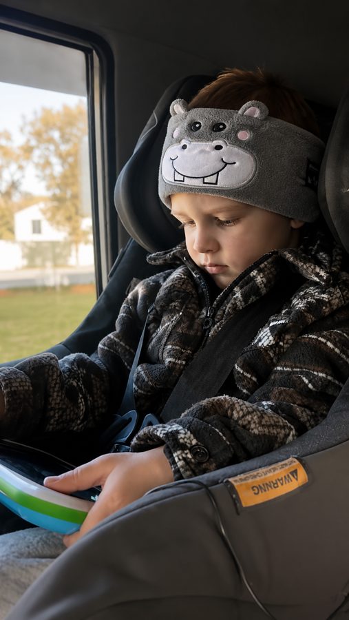 Smiling child in Snugsy Buds on a plane