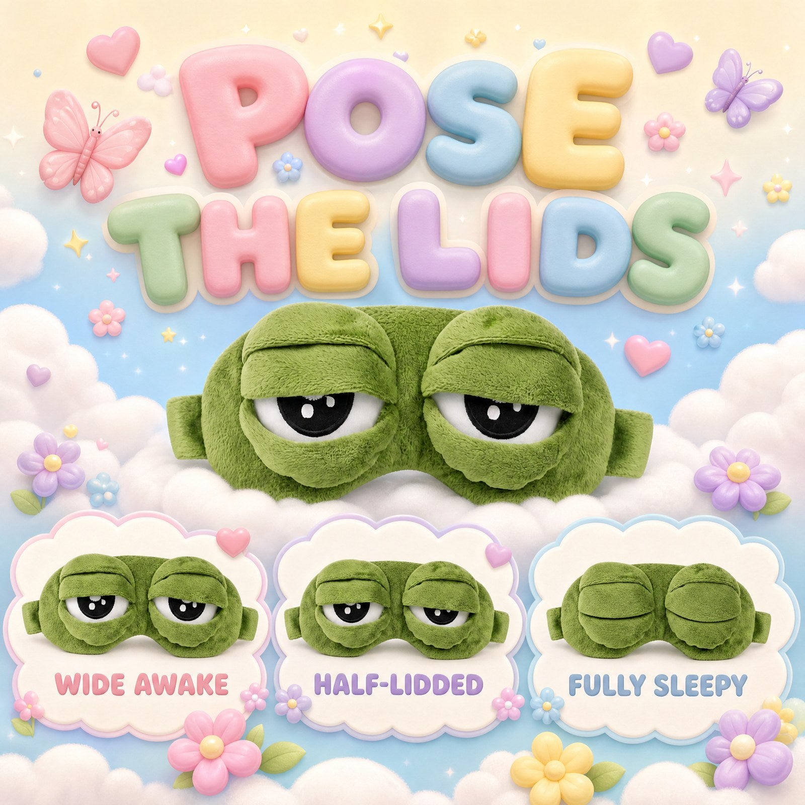 Pose the lids — wide awake, half-lidded, fully sleepy