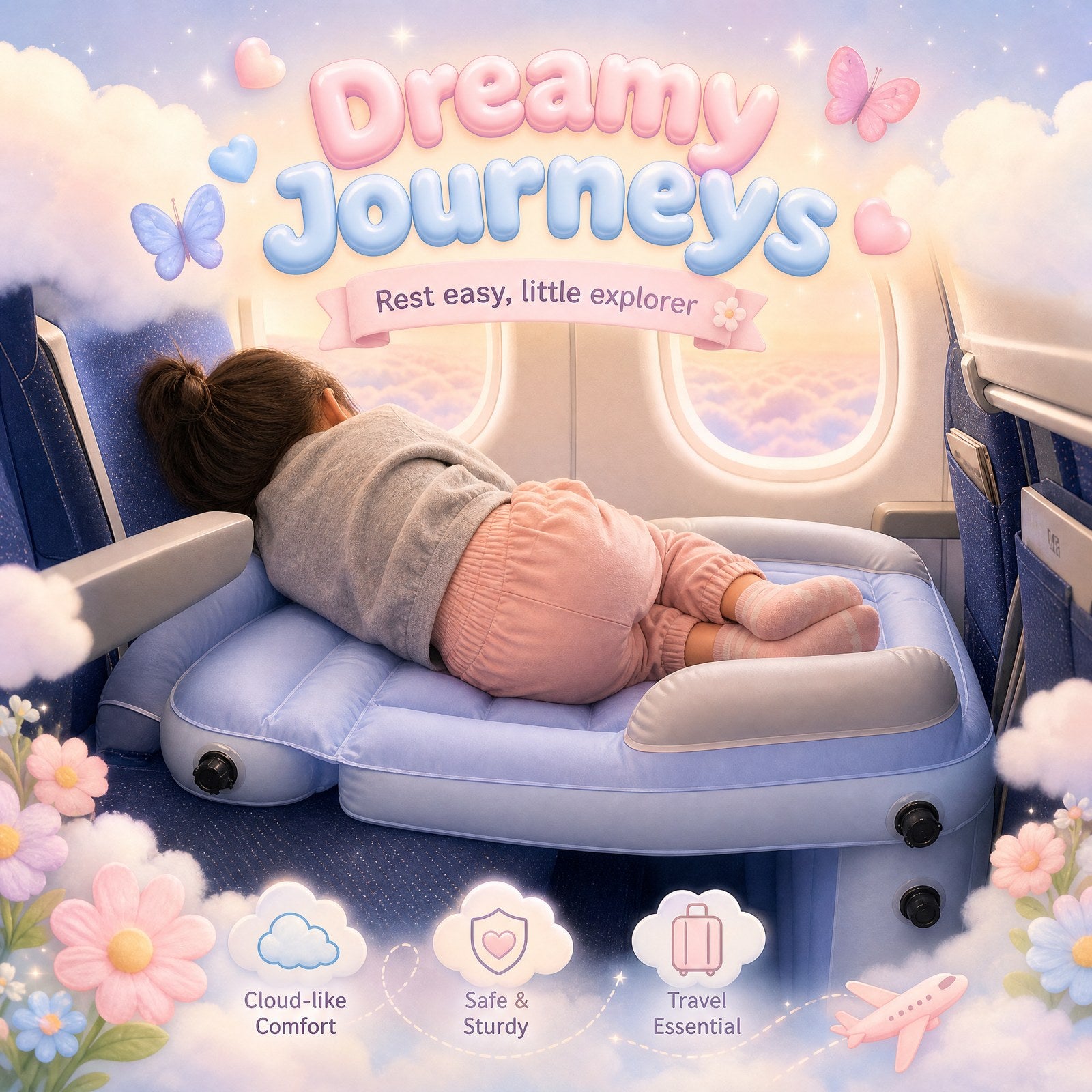 Toddler asleep on the Snugsy Bed on a plane