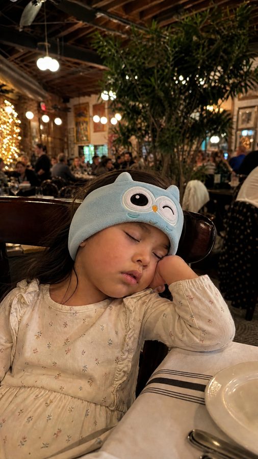 Child asleep in a Snugsy Buds owl band at a restaurant