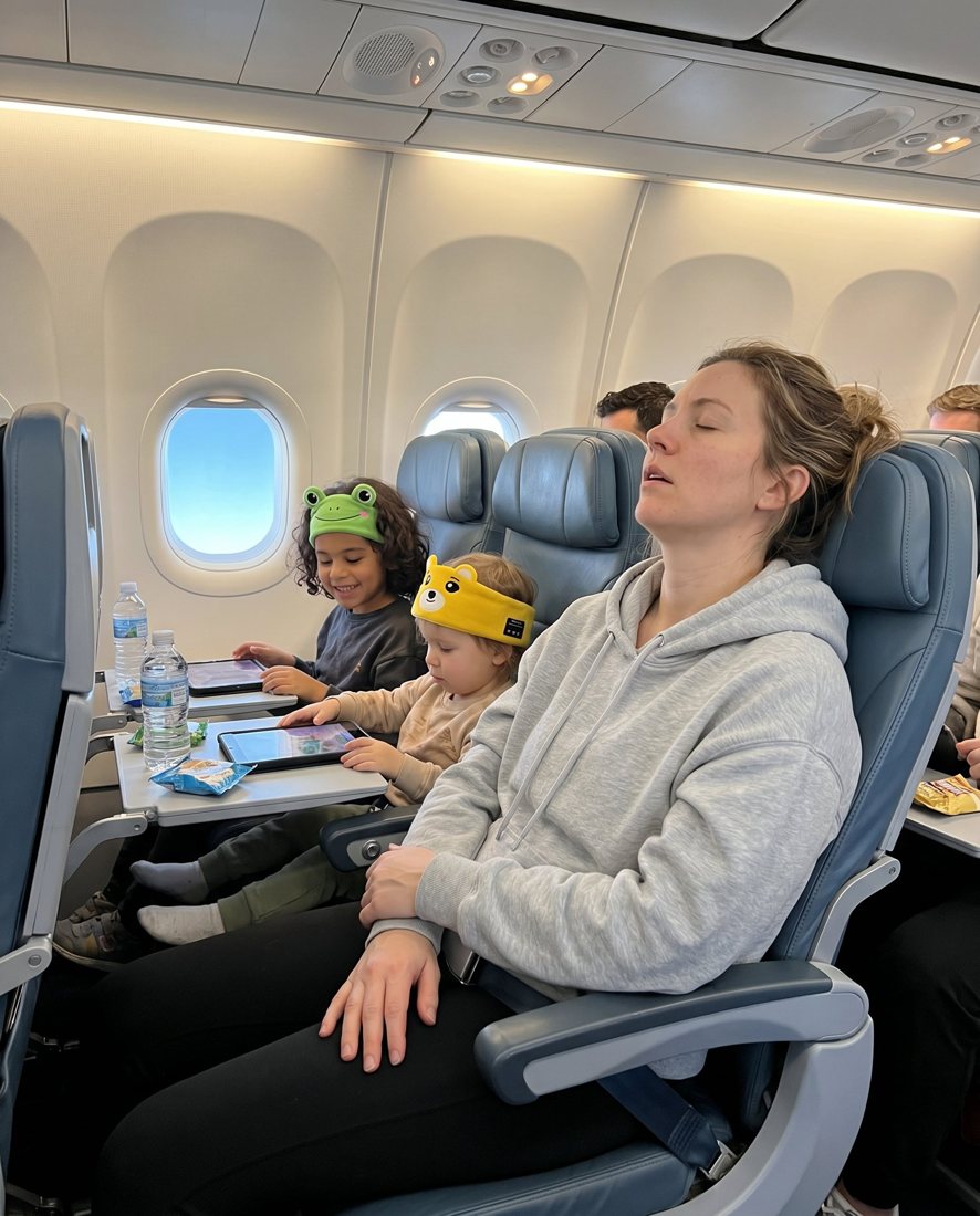 Two children on a plane wearing Snugsy Buds, happily watching tablets while mom rests